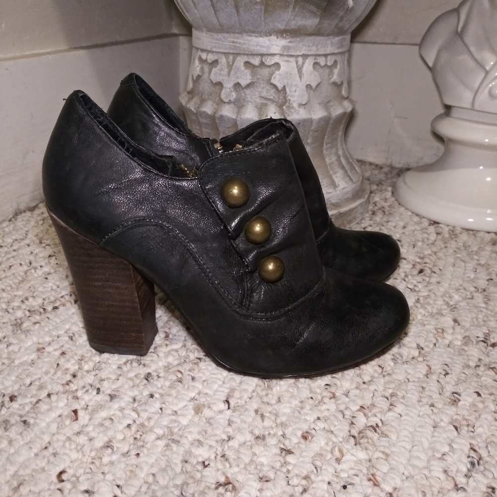 Anthro Seychelles Black Leather High Heel Booties with Button Detail